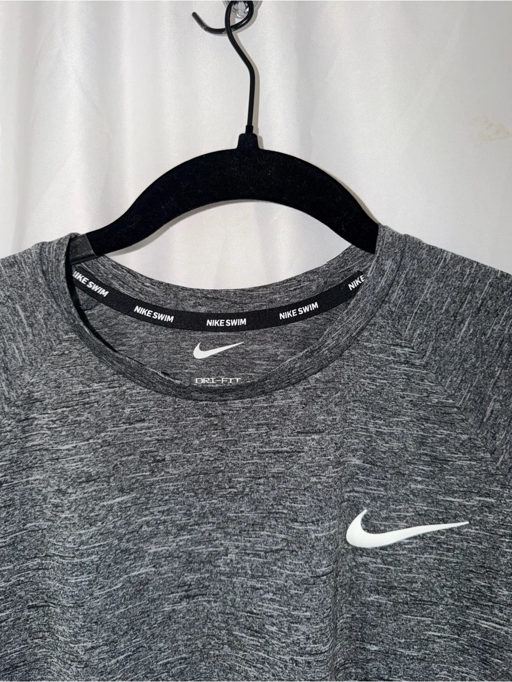 Nike Swim Shirt Heather Charcoal Short Sleeve Dri-FIT Tee White Swoosh Crewneck